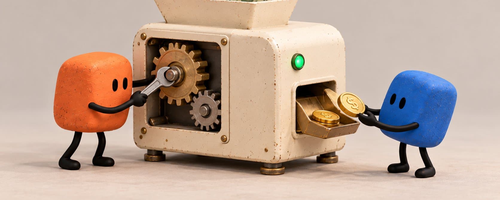 Two illustrated agents operating a machine, one adjusting its gears and the other collecting coins.