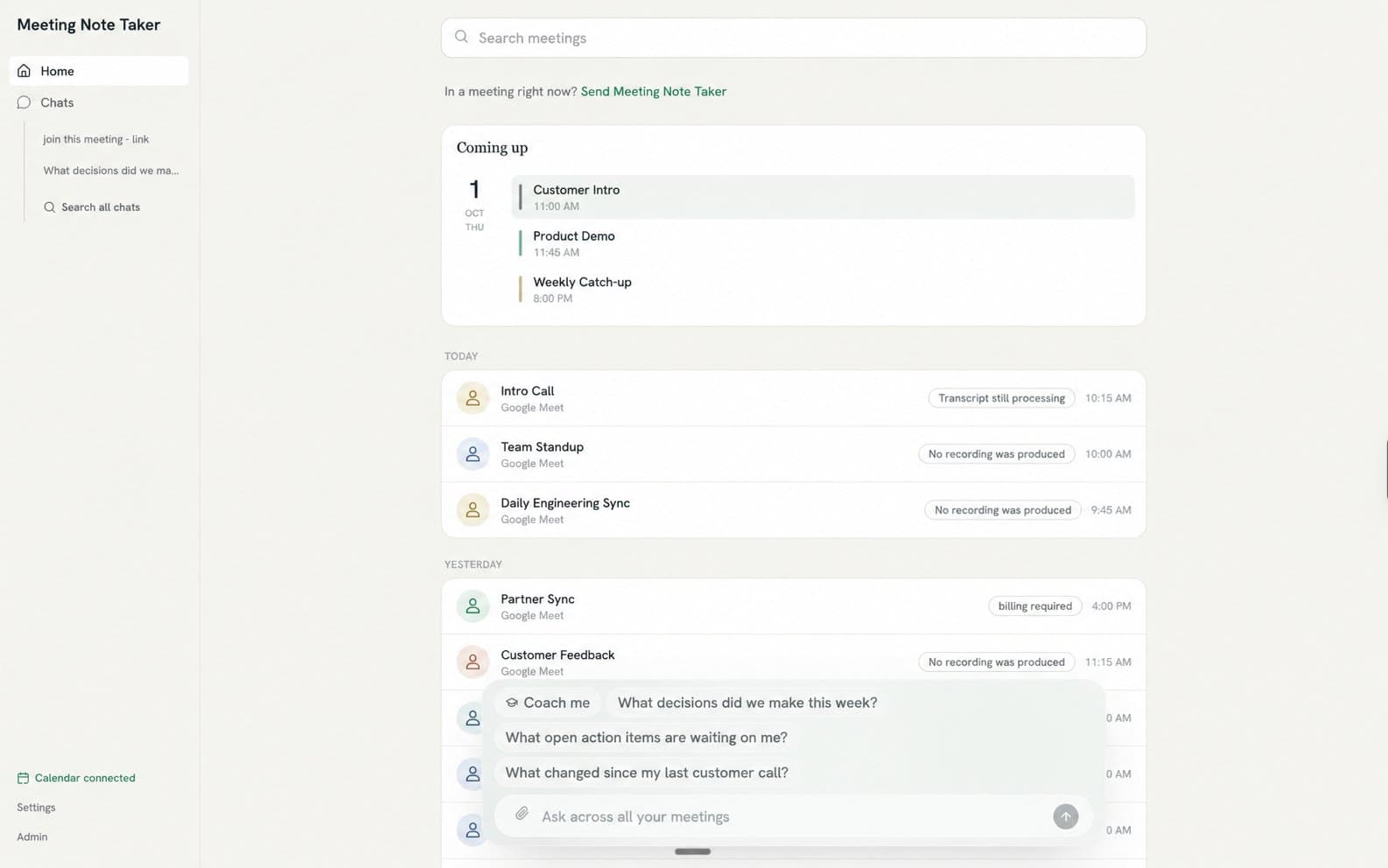 Meeting Note Taker dashboard showing upcoming meetings, recordings, and an in-app chat.